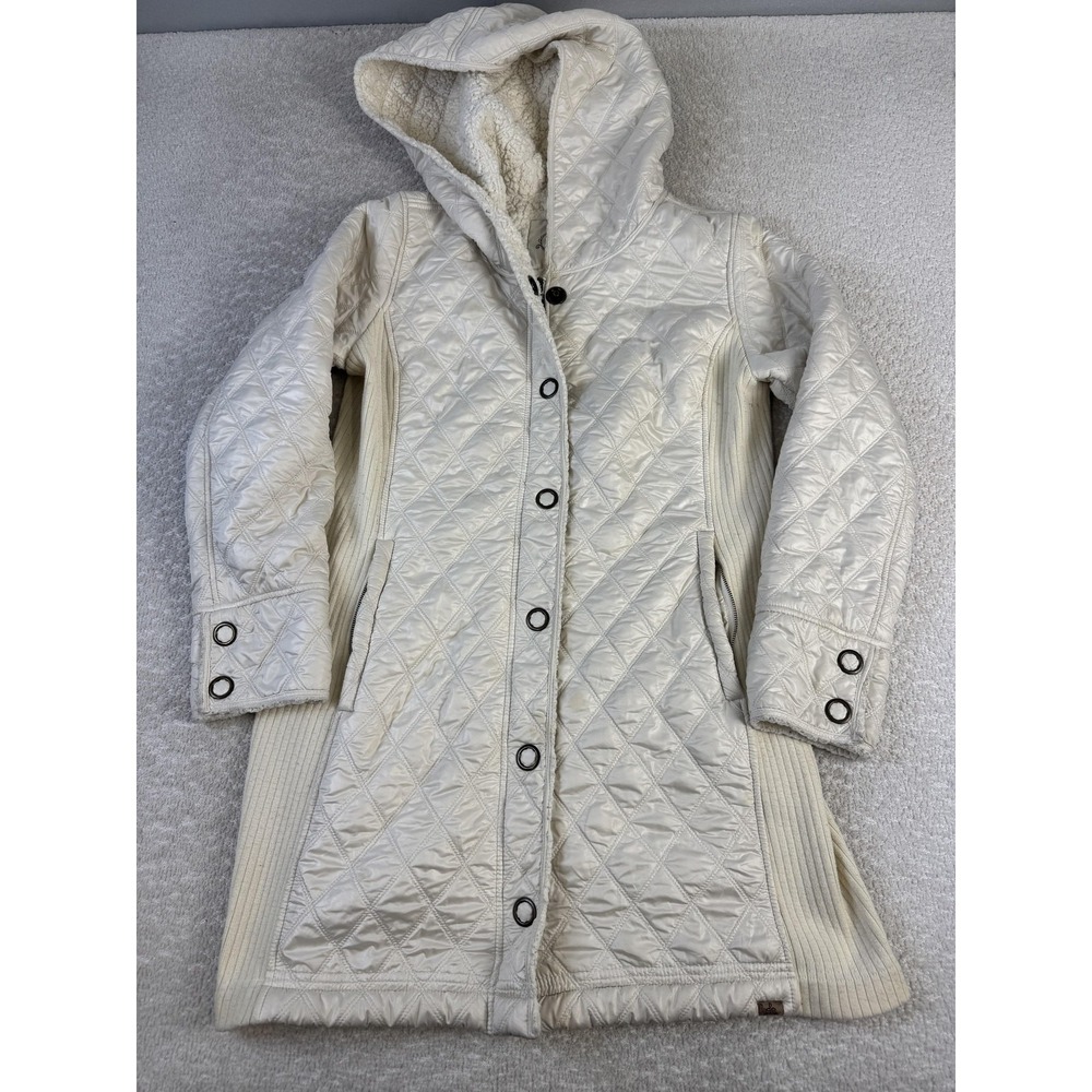 Prana Quilted Coat Womens Large White Hooded Sherpa Lined Long Jacket Warm